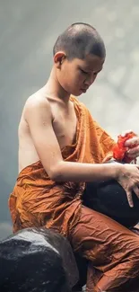 Young monk meditating by a serene stream.