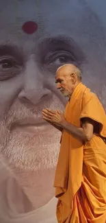 Serene monk stands in reflective meditation against a peaceful backdrop.