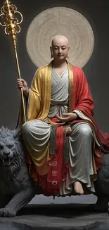 Monk with halo seated on mythical beast holding staff.