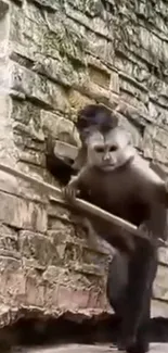 Monkey climbs a rustic stone wall in this animated wallpaper.