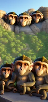 Cute monkey family in scenic forest wallpaper.