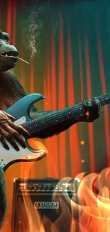 Monkey playing guitar on stage with vibrant red curtains.