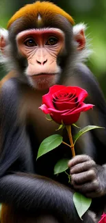 Monkey holding a red rose with green background.