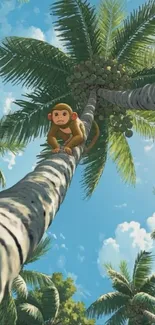 Monkey perched on a high palm tree with a blue sky backdrop.