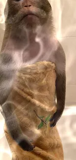 Monkey wrapped in towel in a steamy bathroom environment.