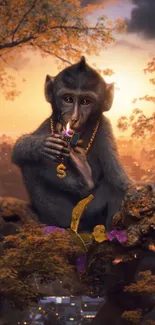 Artistic monkey with gold chain in an urban jungle setting.