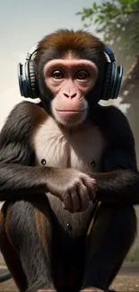 Monkey with headphones in natural setting, digital art wallpaper.