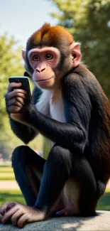 Monkey holding a smartphone in a green park setting.