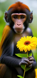 Charming monkey holding a yellow flower in a vibrant green setting.