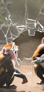 Monkeys behind cracked glass effect wallpaper.