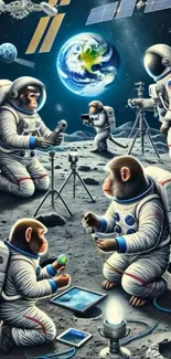 Monkeys in astronaut suits work on the moon.