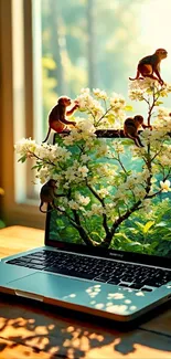 Monkeys interact with laptop screen in nature-inspired digital art.