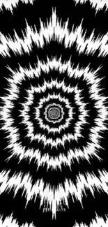 Black and white abstract spiral wallpaper with zigzag pattern.