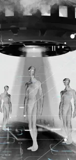 Monochrome art featuring aliens and a UFO in a surreal scene.