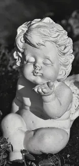 Monochrome angel statue in garden setting.