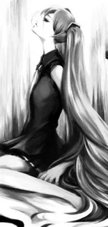 Monochrome anime art with serene figure and long hair in black and white.