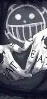 Monochrome anime art with symbol and tattooed hands.