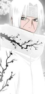 Monochrome anime character with branch design.