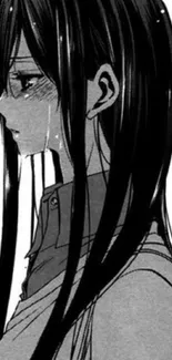 Monochrome anime character with long hair and detailed expression.