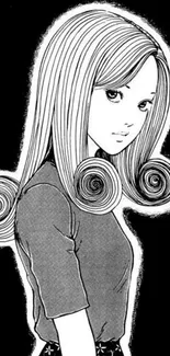 Monochrome anime character with spiral hair on a black background.