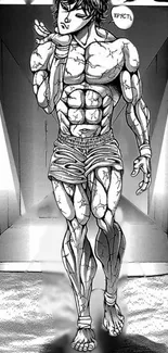 Monochrome anime illustration of a muscular fighter in a dynamic pose.