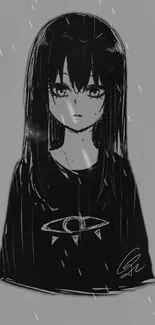 Monochrome anime girl in a minimalist style on a gray background.