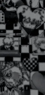 Monochrome anime wallpaper with expressive characters and checkered patterns.