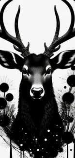 Monochrome artistic deer with antlers and abstract splatter effects.