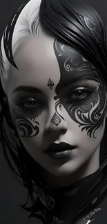 Intricate monochrome face design with artistic detail.