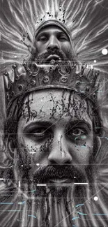 Intricate monochrome portrait of a crowned king with surreal elements.