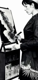 Monochrome woman painting on a canvas, elegant and sophisticated style.