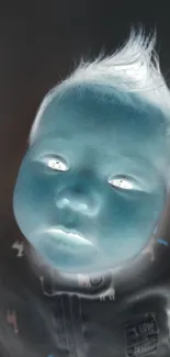 Artistic monochrome negative of a baby portrait in dark cyan hues.