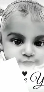 Monochrome baby portrait with loving expression.