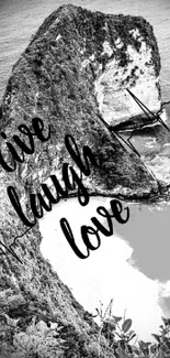 Monochrome beach with 'Live Laugh Love' quote overlay.