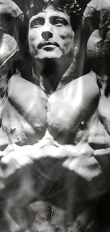 Monochrome image of a bodybuilder's sculpted physique.