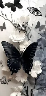 Monochrome butterfly art with floral design in black and white for mobile wallpaper.