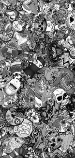 Monochrome collage of cartoon characters in a detailed wallpaper.