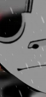 Stylized monochrome cartoon face with rain effect on a mobile wallpaper.