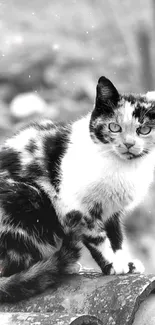 Black and white cat perched on a log in monochrome wallpaper.