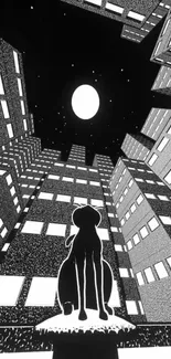 Monochrome wallpaper with a cat under a moonlit city night sky.