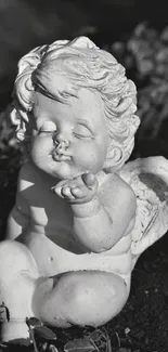 Monochrome cherub statue wallpaper with serene angelic theme.