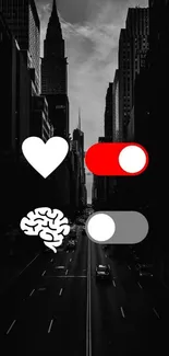 Monochrome city with heart and brain icons in contrast.