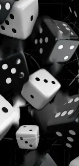 Black and white dice in a sleek arrangement on a mobile wallpaper.