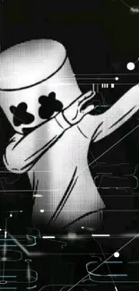 Monochrome DJ character dabbing on black background wallpaper.