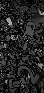 Black and white doodle art wallpaper with abstract characters.