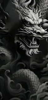 Monochrome dragon wallpaper with intricate design featuring mystical elements.