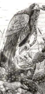 Monochrome illustration of eagle with snake on a cactus, featuring intricate details.