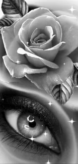 Monochrome wallpaper of an eye with a rose above, artistic grayscale design.