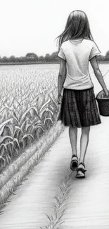 Monochrome sketch of a girl walking through cornfields.