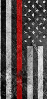 Monochrome American flag wallpaper with a red line symbolizing strength.